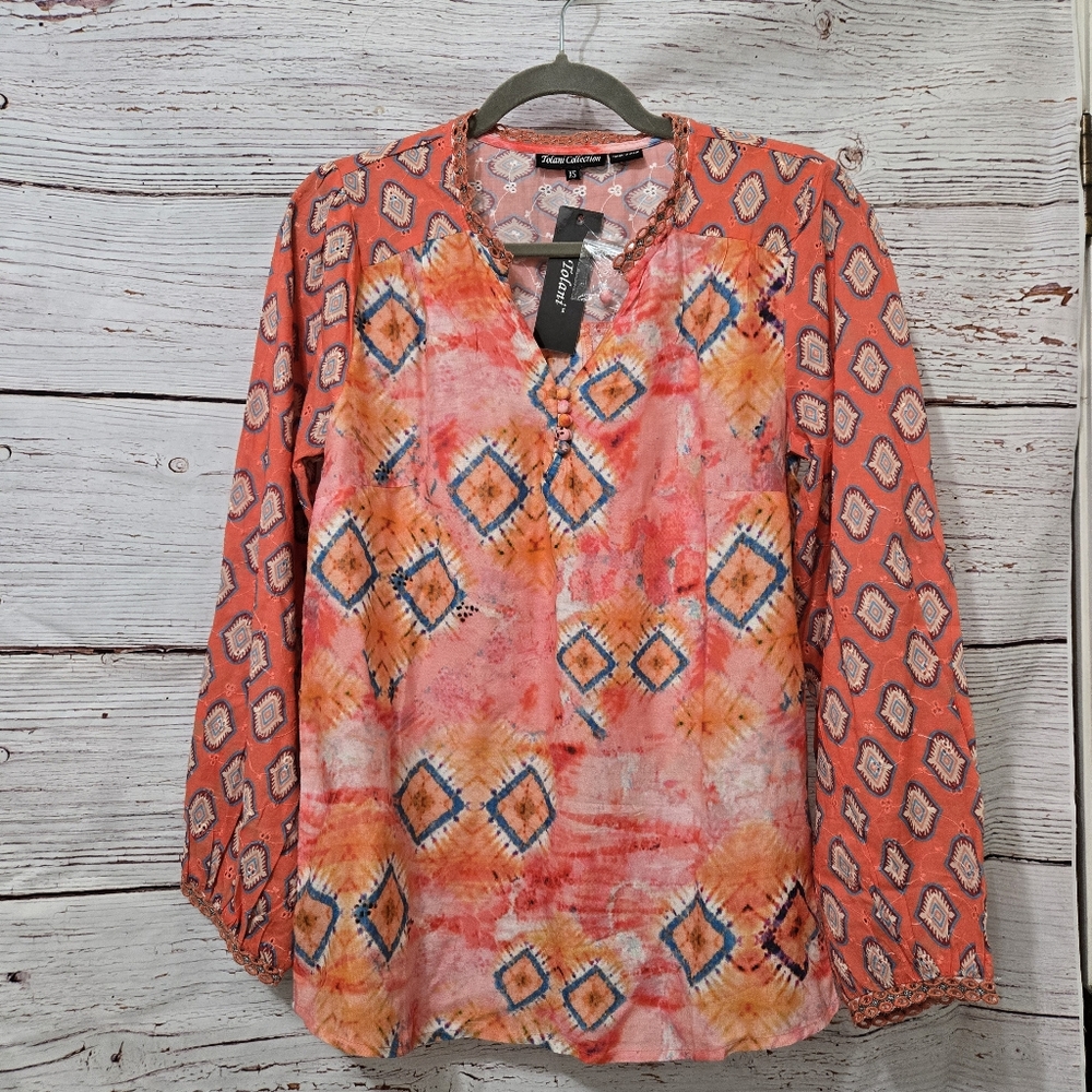 Tolani Coral and Blue Geometric Blouse